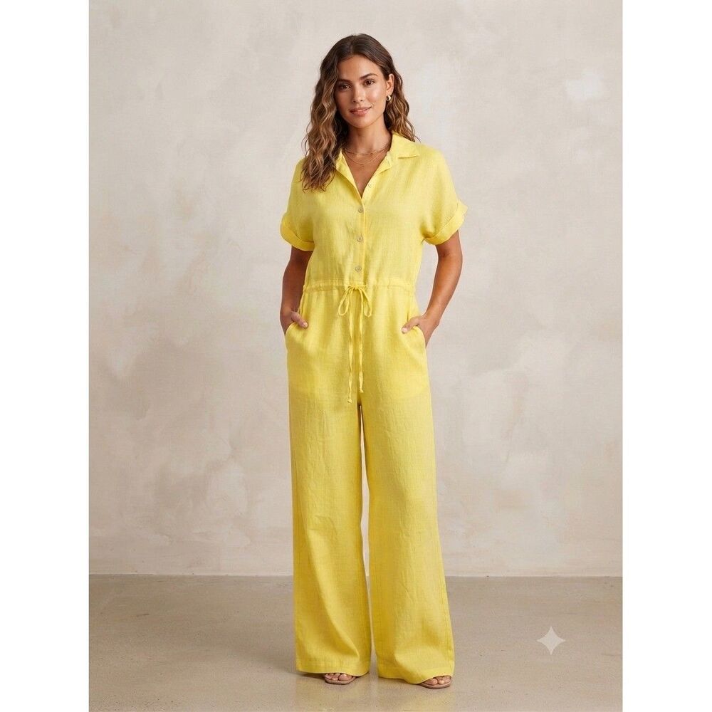Puro Lino Jumpsuit Womens One Size Yellow Linen Wide Leg Made in Italy NWT